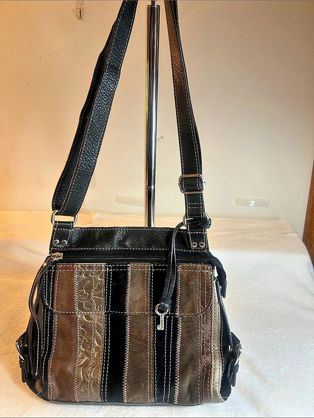 Fossil Jolie Patchwork Crossbody Bag Leather Brown & Black